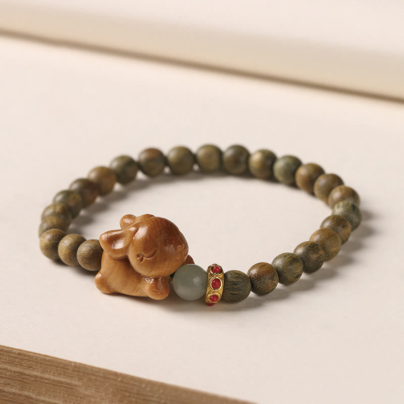 Handmade Sandalwood and Agate Beaded Bracelet with Rabbit Charm