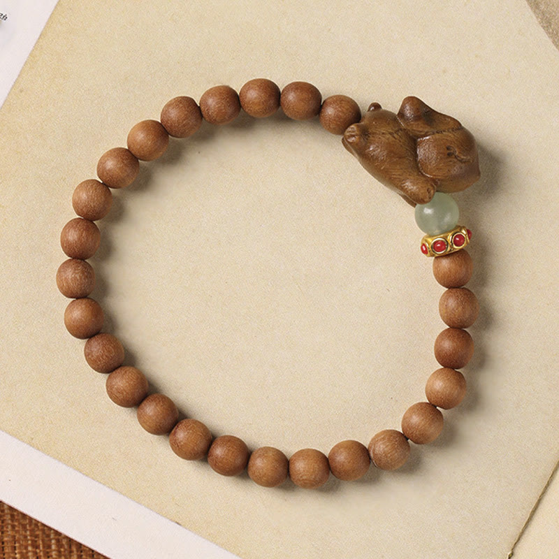 Handmade Sandalwood and Agate Beaded Bracelet with Rabbit Charm