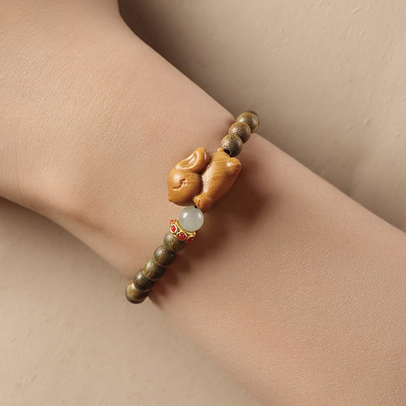 Handmade Sandalwood and Agate Beaded Bracelet with Rabbit Charm