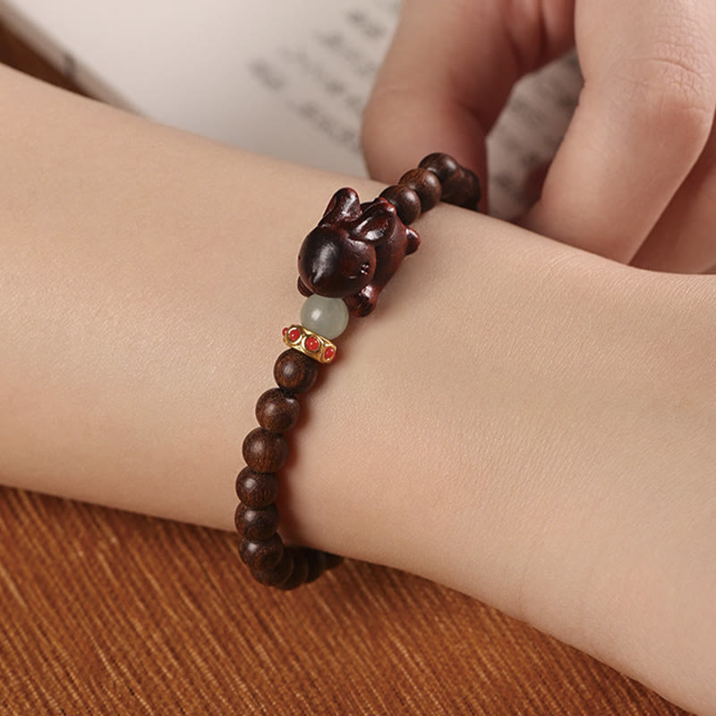 Handmade Sandalwood and Agate Beaded Bracelet with Rabbit Charm