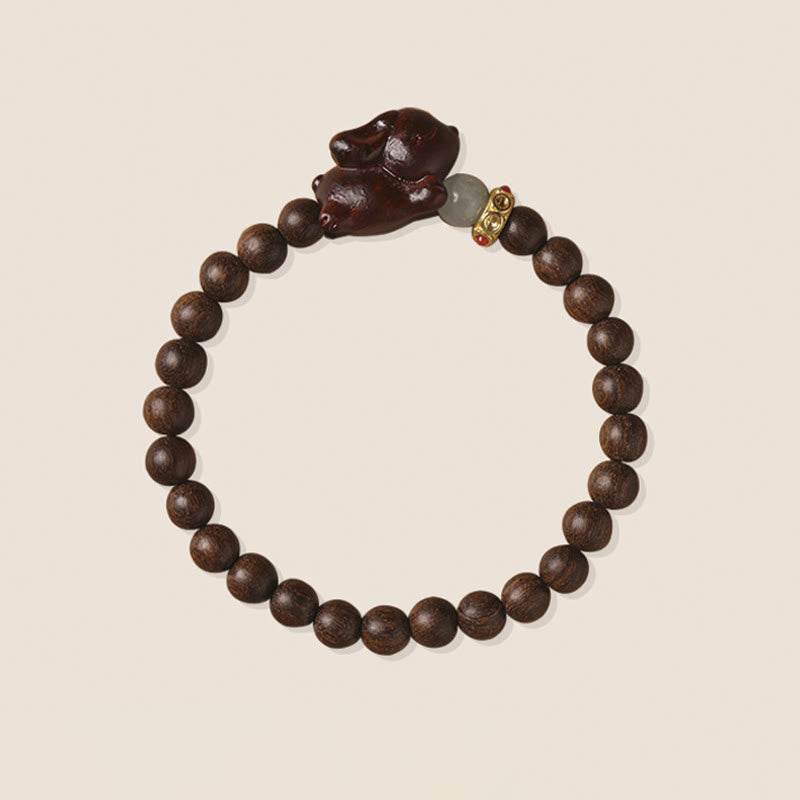 Handmade Sandalwood and Agate Beaded Bracelet with Rabbit Charm