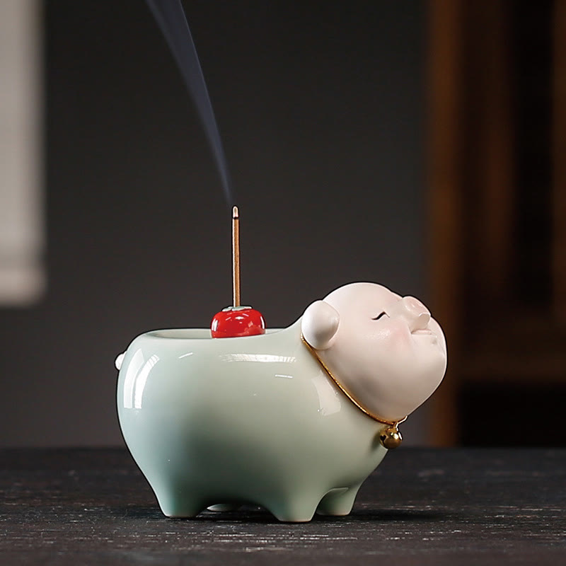Hand-Finished Ceramic Little Pig Stick Incense Burner for Zen Decor
