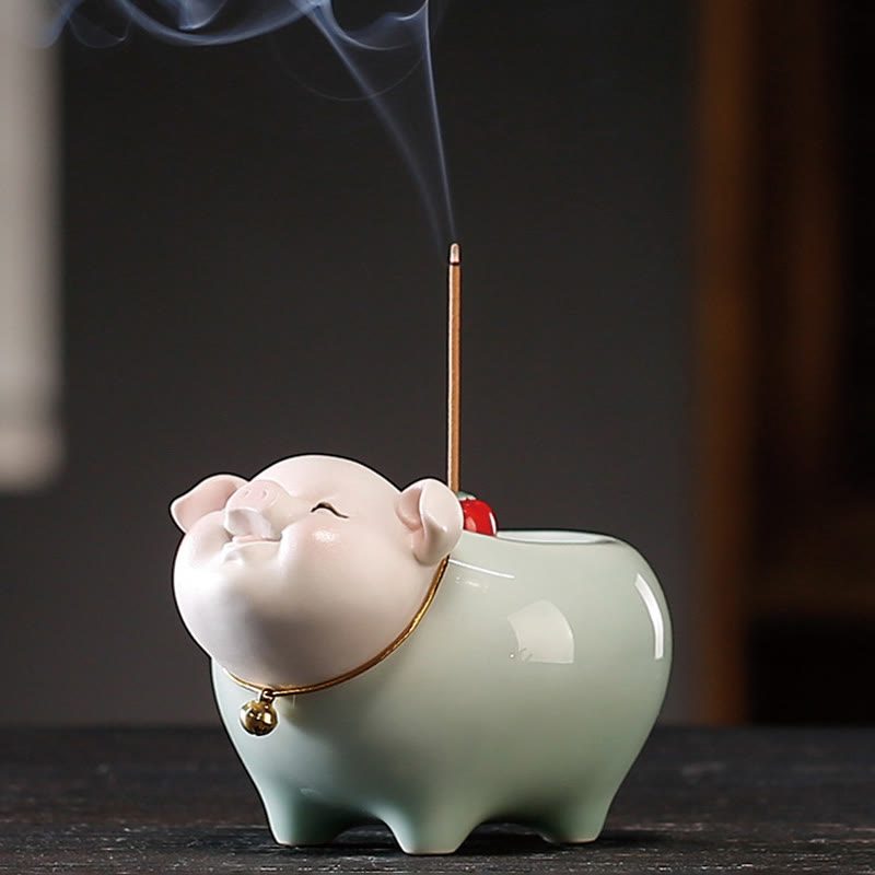 Hand-Finished Ceramic Little Pig Stick Incense Burner for Zen Decor