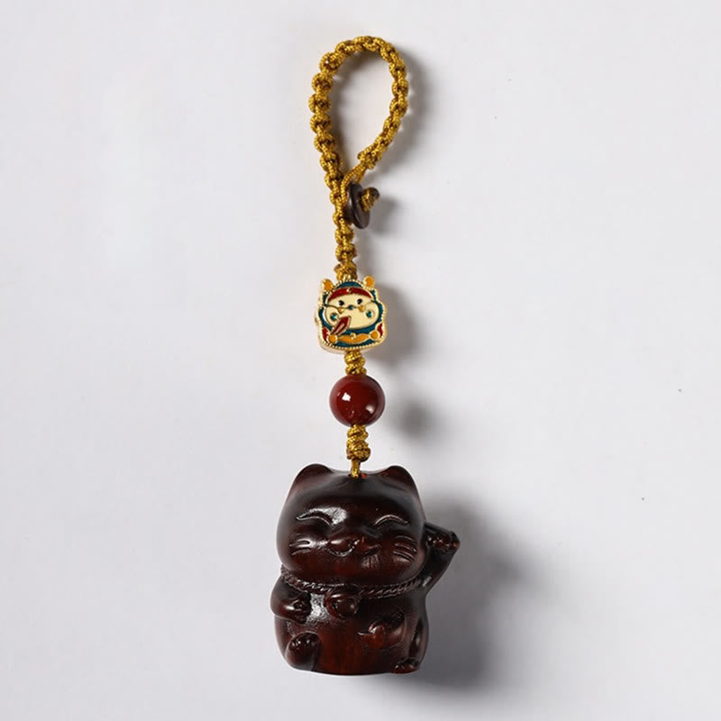 Small Leaf Red Sandalwood Green Sandalwood Sandalwood Lucky Cat Protection Key Chain Phone Hanging Decoration