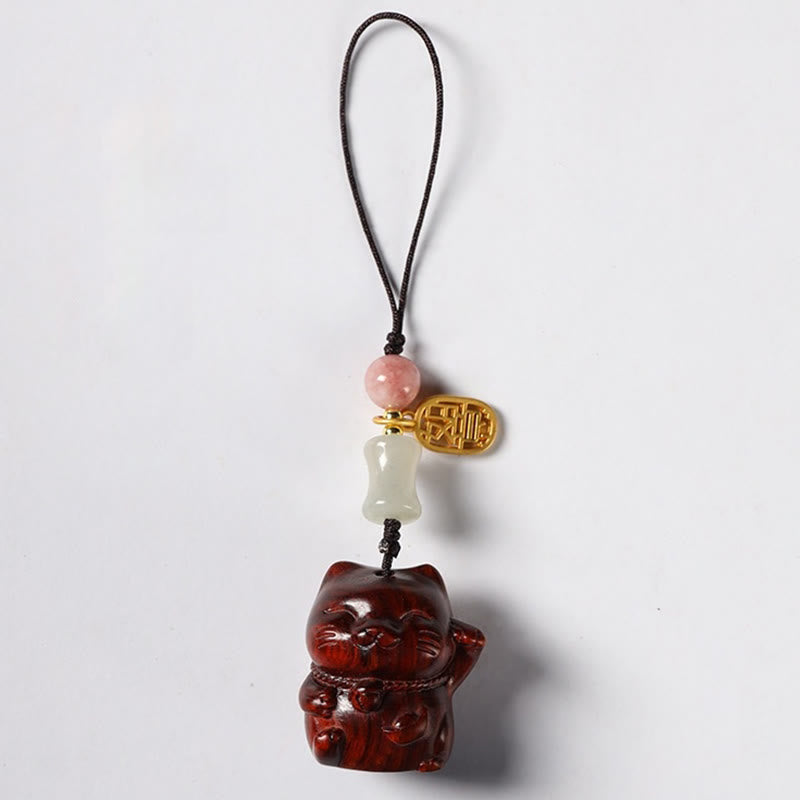 Small Leaf Red Sandalwood Green Sandalwood Sandalwood Lucky Cat Protection Key Chain Phone Hanging Decoration