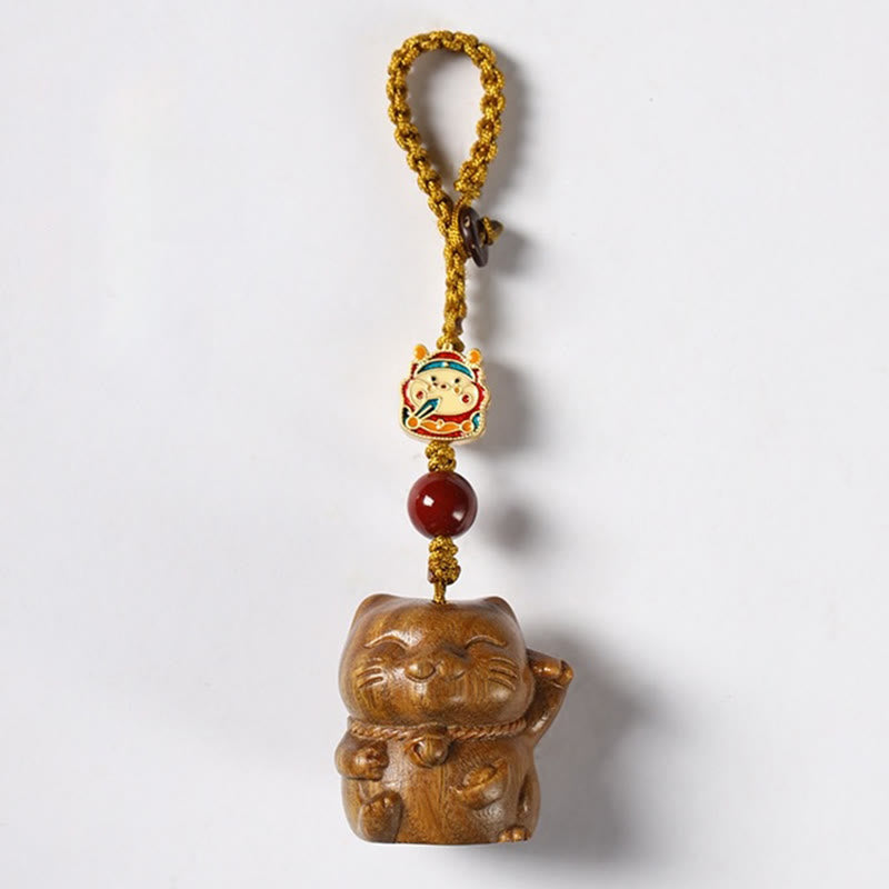 Small Leaf Red Sandalwood Green Sandalwood Sandalwood Lucky Cat Protection Key Chain Phone Hanging Decoration