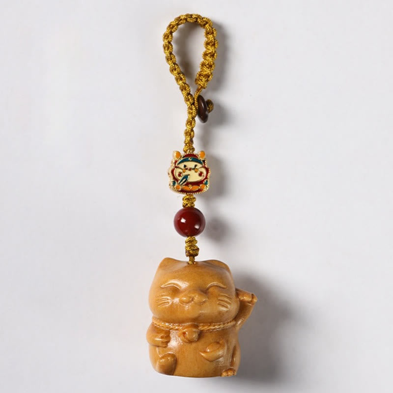 Small Leaf Red Sandalwood Green Sandalwood Sandalwood Lucky Cat Protection Key Chain Phone Hanging Decoration