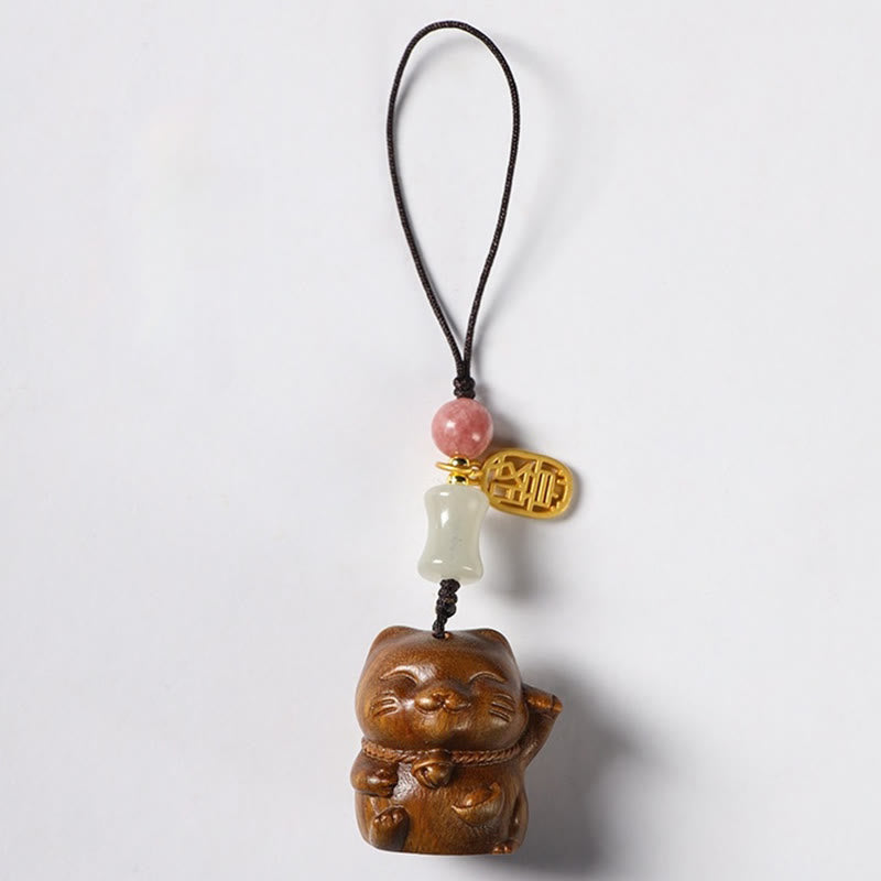 Small Leaf Red Sandalwood Green Sandalwood Sandalwood Lucky Cat Protection Key Chain Phone Hanging Decoration