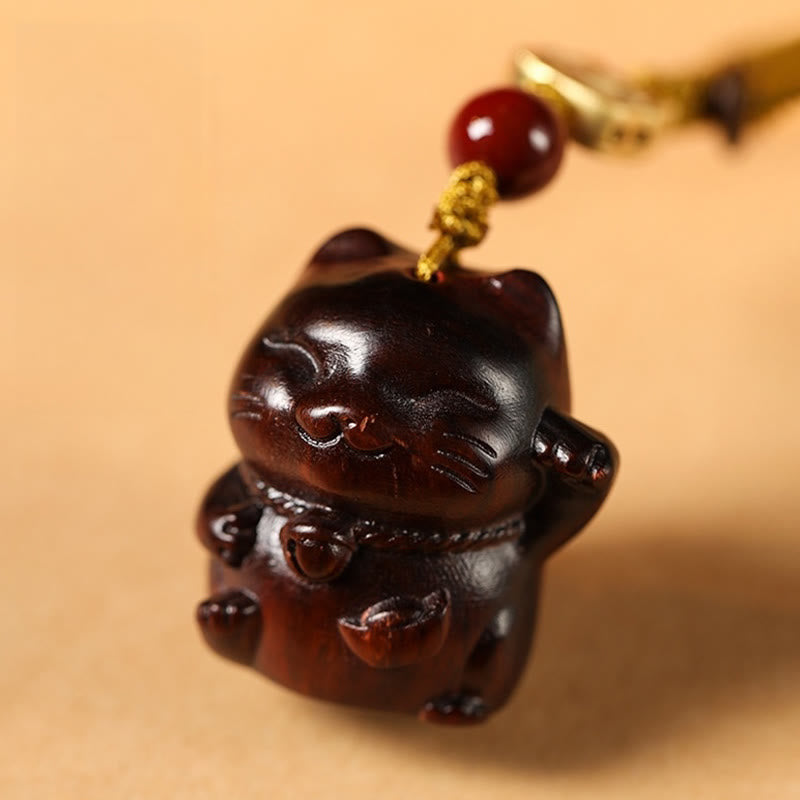 Small Leaf Red Sandalwood Green Sandalwood Sandalwood Lucky Cat Protection Key Chain Phone Hanging Decoration