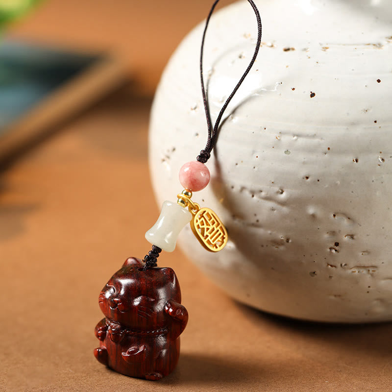 Small Leaf Red Sandalwood Green Sandalwood Sandalwood Lucky Cat Protection Key Chain Phone Hanging Decoration