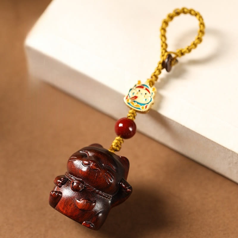 Small Leaf Red Sandalwood Green Sandalwood Sandalwood Lucky Cat Protection Key Chain Phone Hanging Decoration