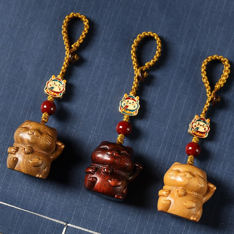 Small Leaf Red Sandalwood Green Sandalwood Sandalwood Lucky Cat Protection Key Chain Phone Hanging Decoration