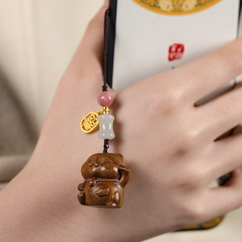 Small Leaf Red Sandalwood Green Sandalwood Sandalwood Lucky Cat Protection Key Chain Phone Hanging Decoration