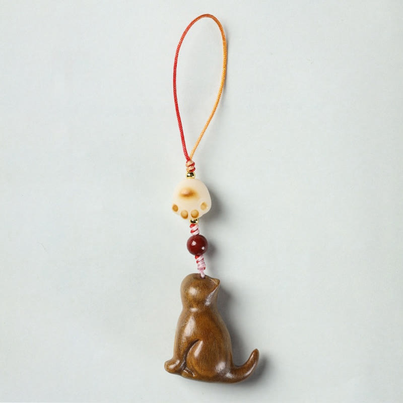 Sandalwood & Cinnabar Phone Charm with Bodhi Seed, Copper, and Symbolic Cat Motif