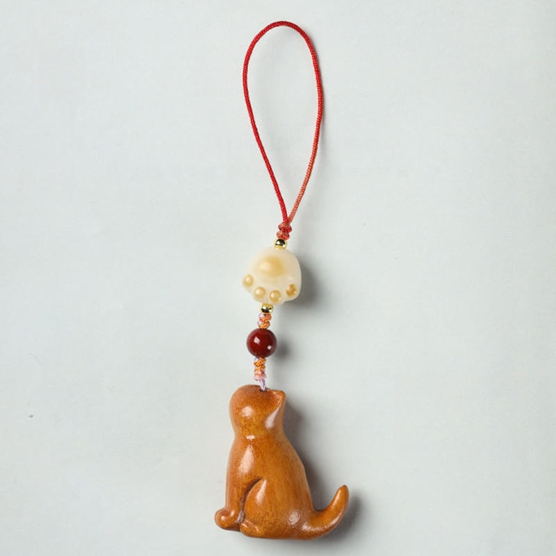 Sandalwood & Cinnabar Phone Charm with Bodhi Seed, Copper, and Symbolic Cat Motif