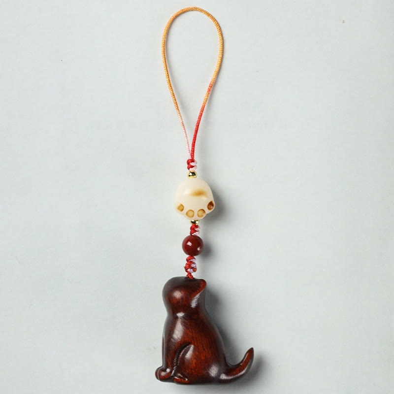 Sandalwood & Cinnabar Phone Charm with Bodhi Seed, Copper, and Symbolic Cat Motif