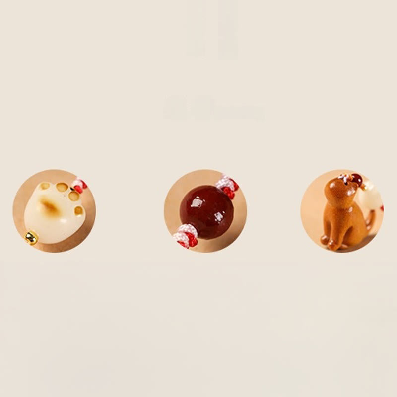 Sandalwood & Cinnabar Phone Charm with Bodhi Seed, Copper, and Symbolic Cat Motif