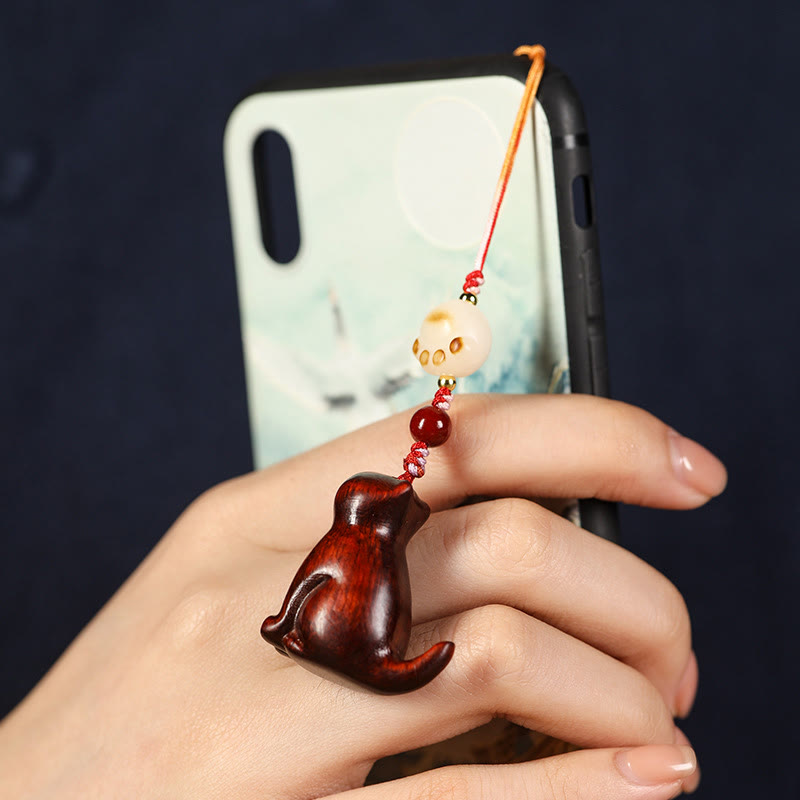 Sandalwood & Cinnabar Phone Charm with Bodhi Seed, Copper, and Symbolic Cat Motif