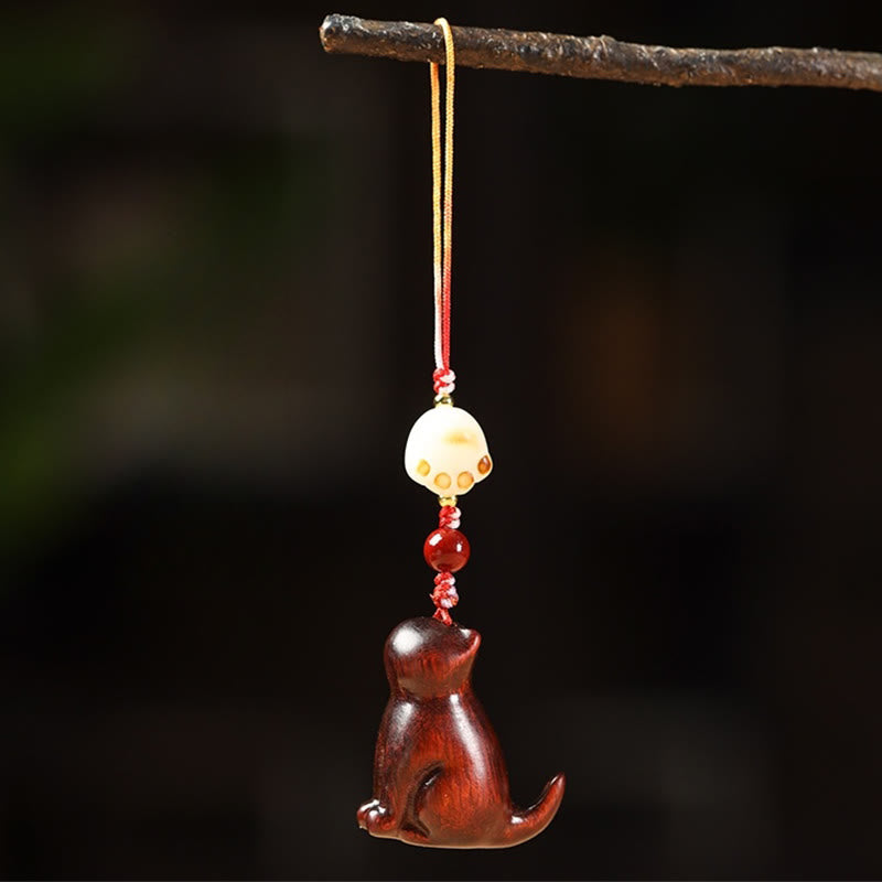 Sandalwood & Cinnabar Phone Charm with Bodhi Seed, Copper, and Symbolic Cat Motif