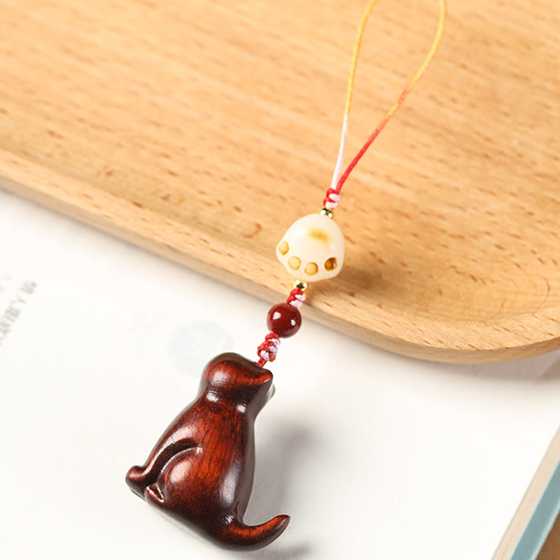 Sandalwood & Cinnabar Phone Charm with Bodhi Seed, Copper, and Symbolic Cat Motif