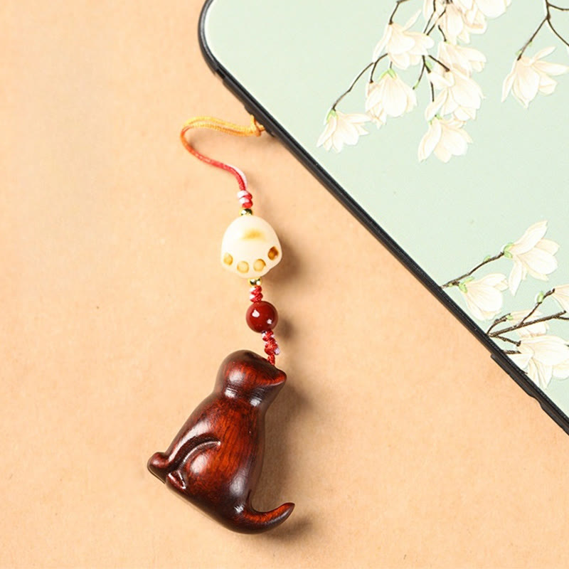 Sandalwood & Cinnabar Phone Charm with Bodhi Seed, Copper, and Symbolic Cat Motif