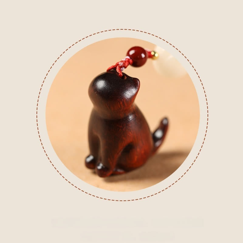 Sandalwood & Cinnabar Phone Charm with Bodhi Seed, Copper, and Symbolic Cat Motif