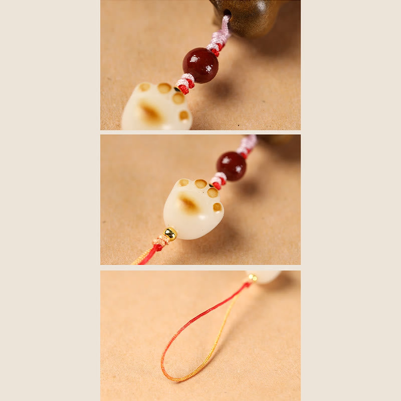 Sandalwood & Cinnabar Phone Charm with Bodhi Seed, Copper, and Symbolic Cat Motif