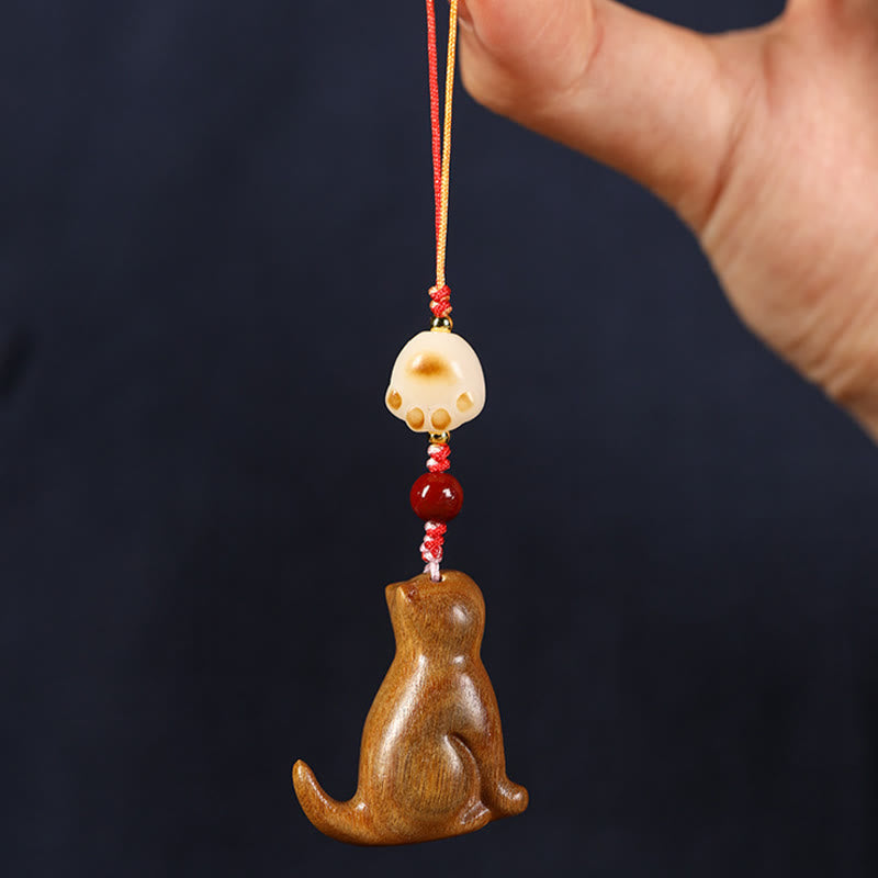 Sandalwood & Cinnabar Phone Charm with Bodhi Seed, Copper, and Symbolic Cat Motif