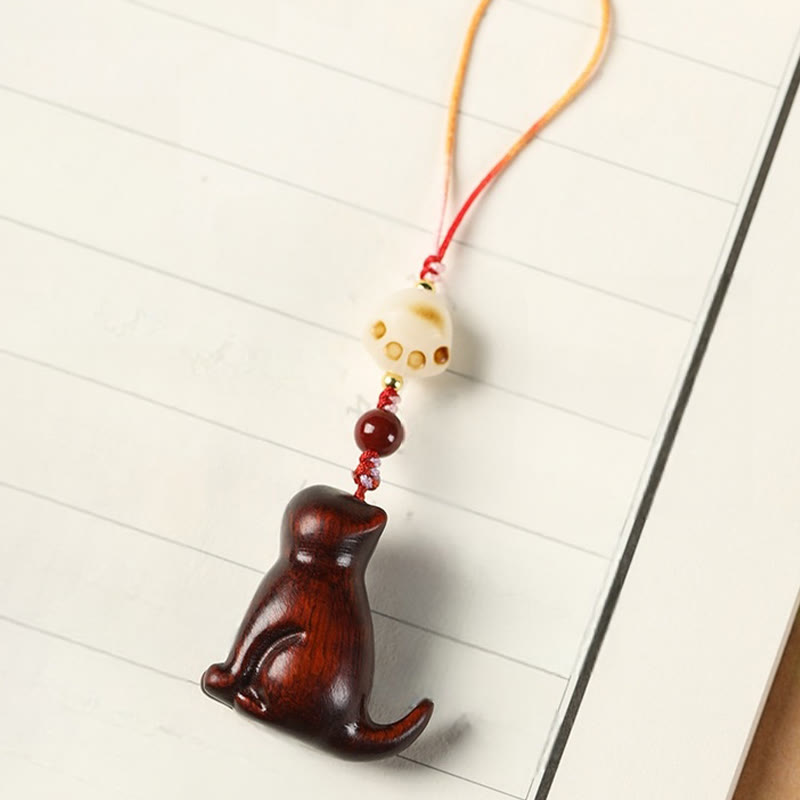 Sandalwood & Cinnabar Phone Charm with Bodhi Seed, Copper, and Symbolic Cat Motif