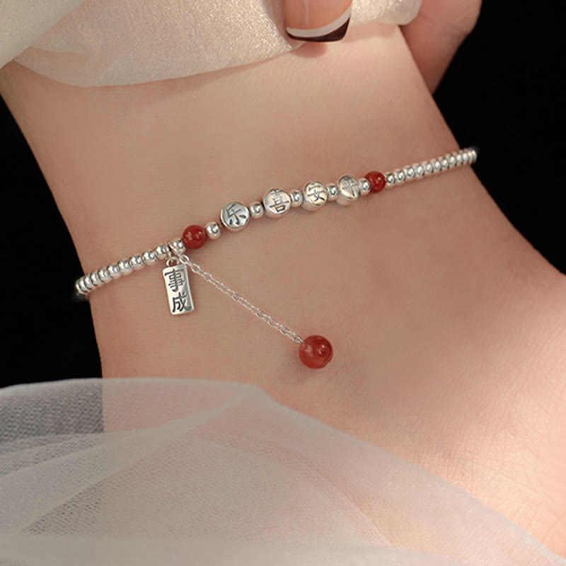 925 Sterling Silver Small Beads Red Agate Peace And Joy Blessing Anklet