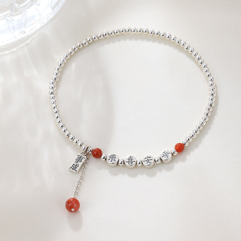 925 Sterling Silver Small Beads Red Agate Peace And Joy Blessing Anklet
