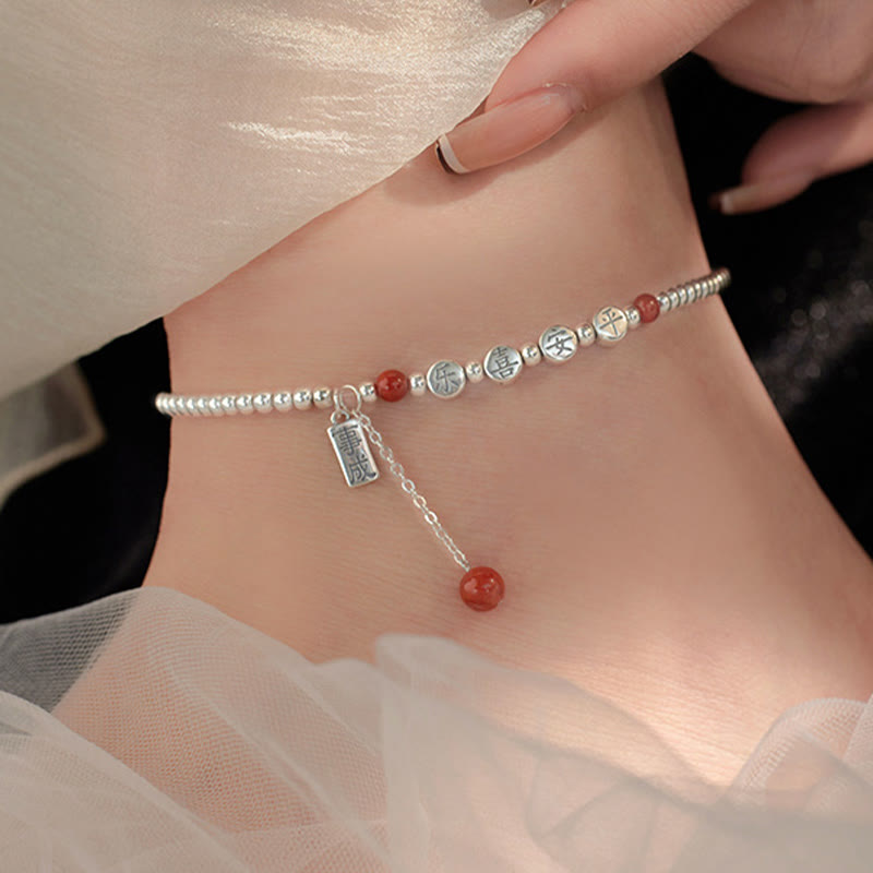 925 Sterling Silver Small Beads Red Agate Peace And Joy Blessing Anklet