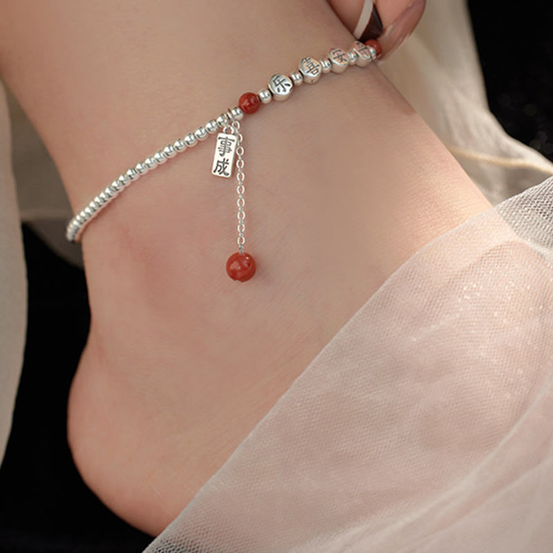 925 Sterling Silver Small Beads Red Agate Peace And Joy Blessing Anklet