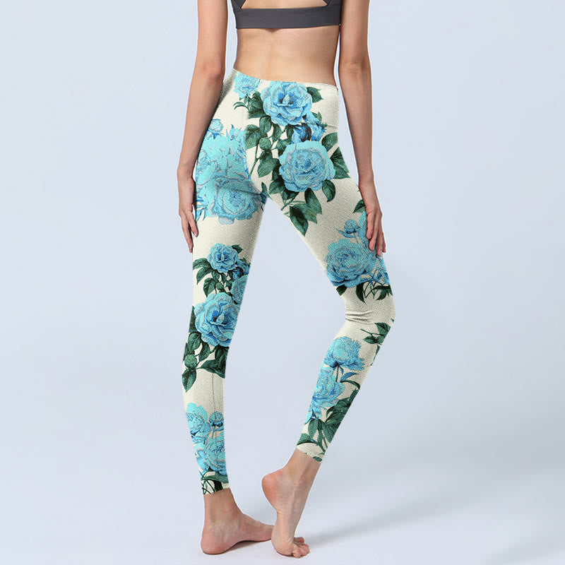 White Stitching Peony Flowers Leaves Pattern Print Gym Leggings Women's Yoga Pants