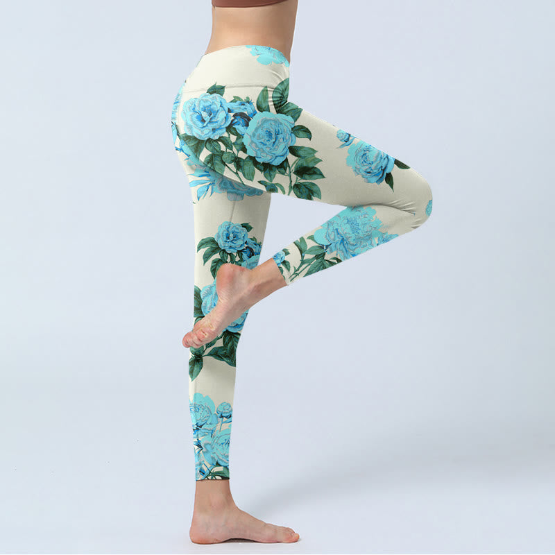 White Stitching Peony Flowers Leaves Pattern Print Gym Leggings Women's Yoga Pants
