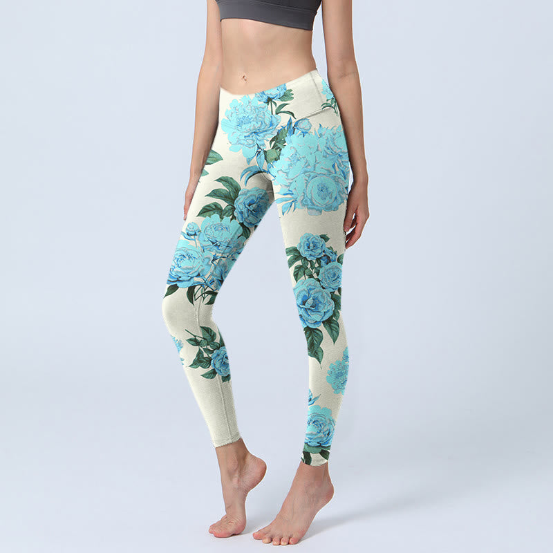 White Stitching Peony Flowers Leaves Pattern Print Gym Leggings Women's Yoga Pants