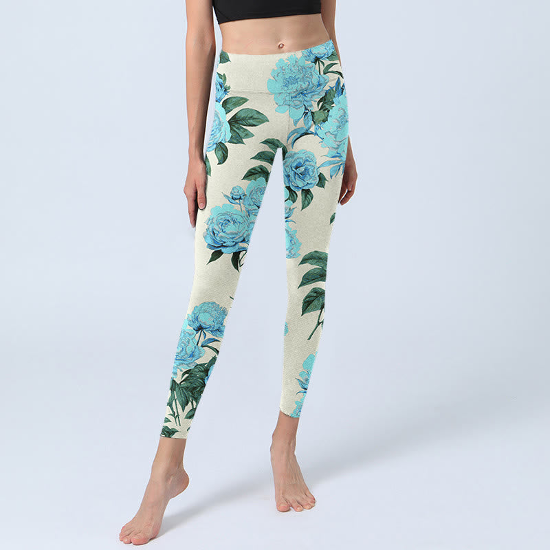 White Stitching Peony Flowers Leaves Pattern Print Gym Leggings Women's Yoga Pants