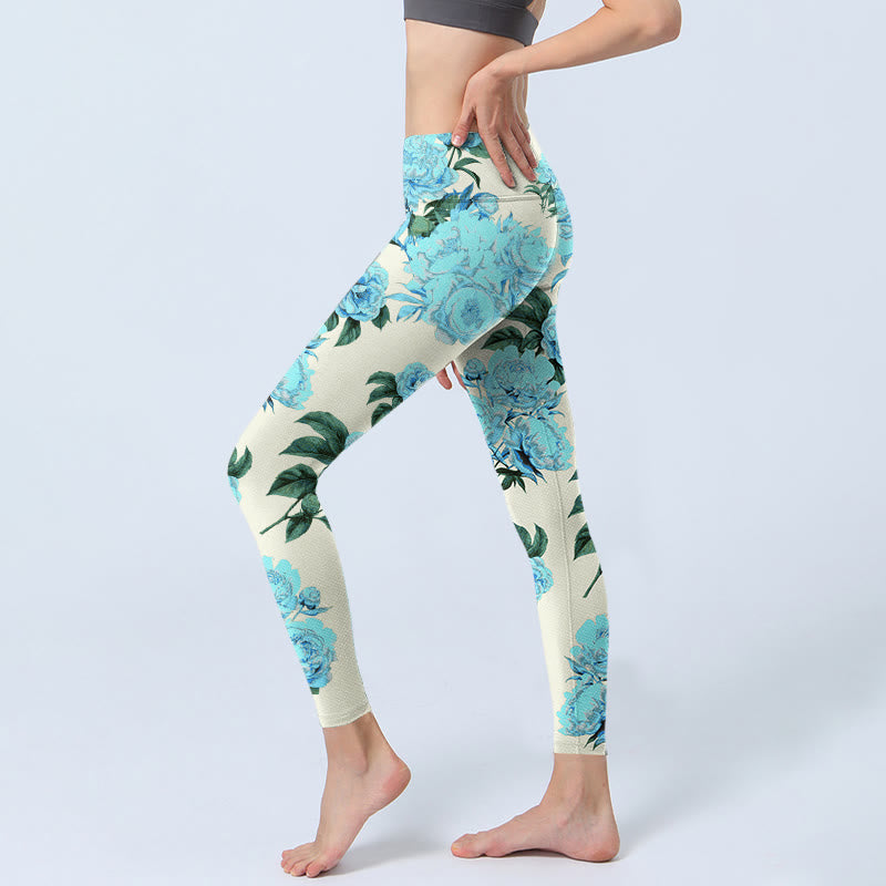 White Stitching Peony Flowers Leaves Pattern Print Gym Leggings Women's Yoga Pants