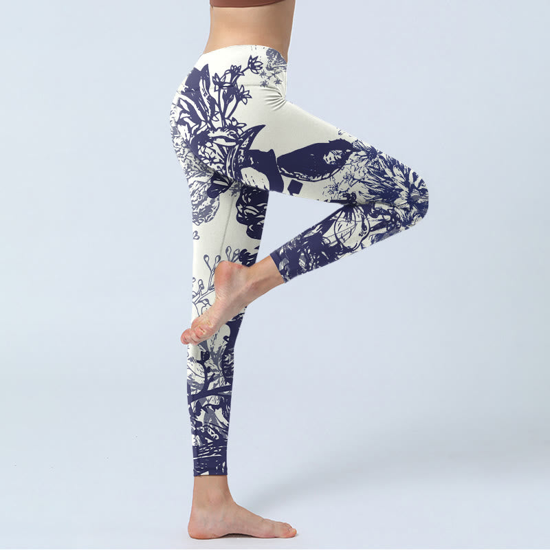 White Stitching Flowers Leaves Birds Butterfly Pattern Print Gym Leggings Women's Yoga Pants