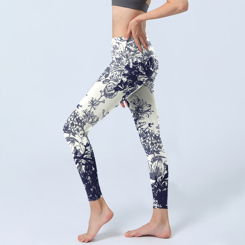 White Stitching Flowers Leaves Birds Butterfly Pattern Print Gym Leggings Women's Yoga Pants