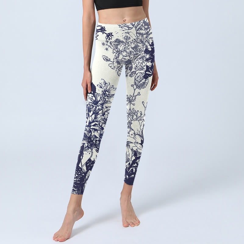 White Stitching Flowers Leaves Birds Butterfly Pattern Print Gym Leggings Women's Yoga Pants