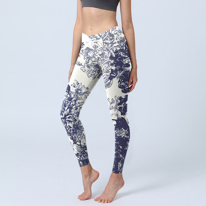 White Stitching Flowers Leaves Birds Butterfly Pattern Print Gym Leggings Women's Yoga Pants