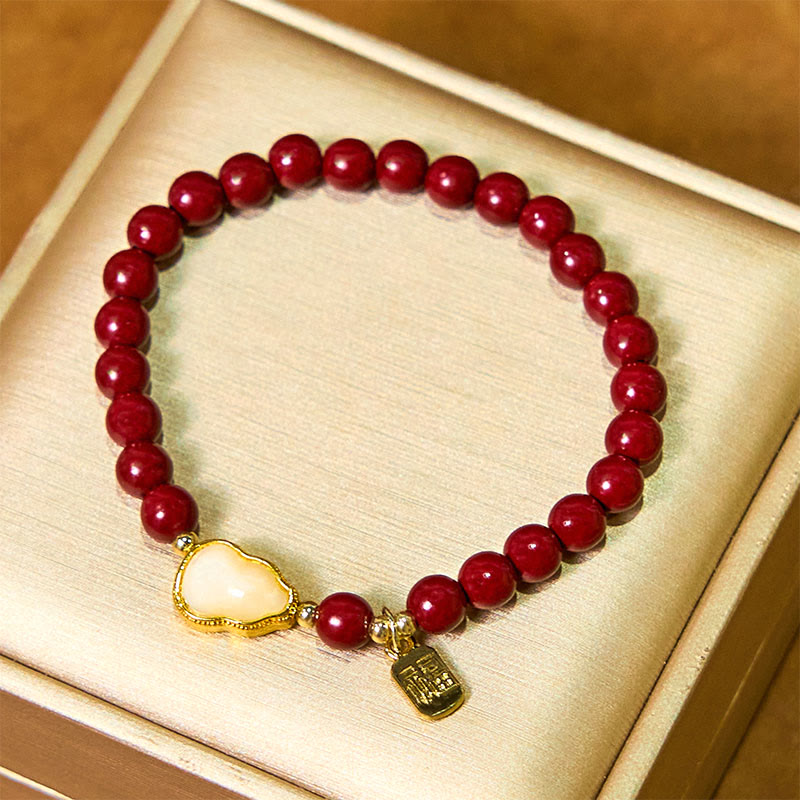 Cinnabar and Jade Wu Lou Gourd Fu Character Charm Blessing Bracelet