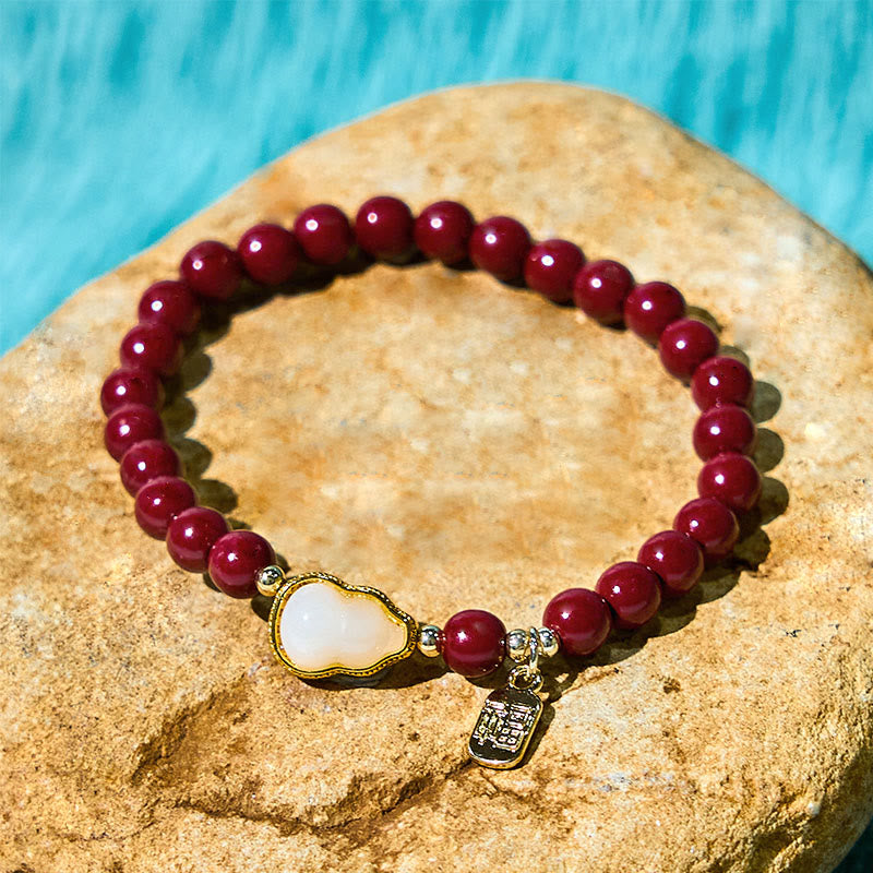 Cinnabar and Jade Wu Lou Gourd Fu Character Charm Blessing Bracelet