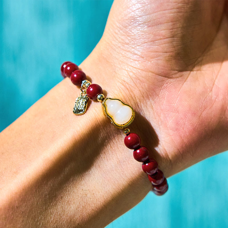 Cinnabar and Jade Wu Lou Gourd Fu Character Charm Blessing Bracelet