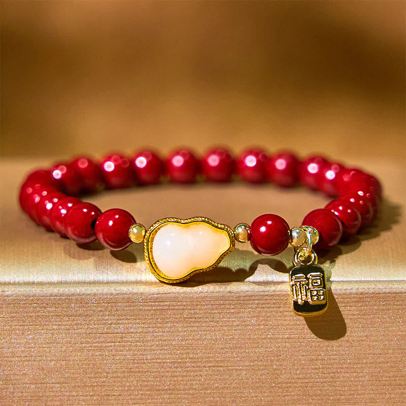 Cinnabar and Jade Wu Lou Gourd Fu Character Charm Blessing Bracelet