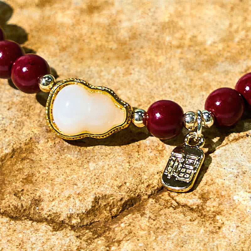 Cinnabar and Jade Wu Lou Gourd Fu Character Charm Blessing Bracelet