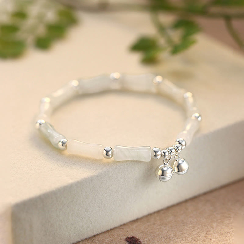 925 Sterling Silver Natural White Jade Bamboo Bell Charm Luck Happiness Bracelet