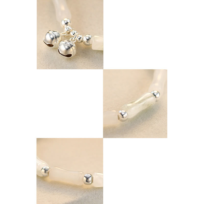 925 Sterling Silver Natural White Jade Bamboo Bell Charm Luck Happiness Bracelet