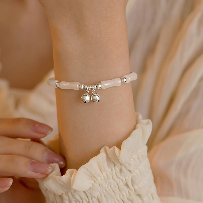925 Sterling Silver Natural White Jade Bamboo Bell Charm Luck Happiness Bracelet